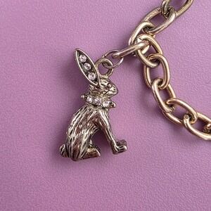 Antiqued Silver Tone Rabbit Charm Bracelet Rhinestone Link Chain Adjustable